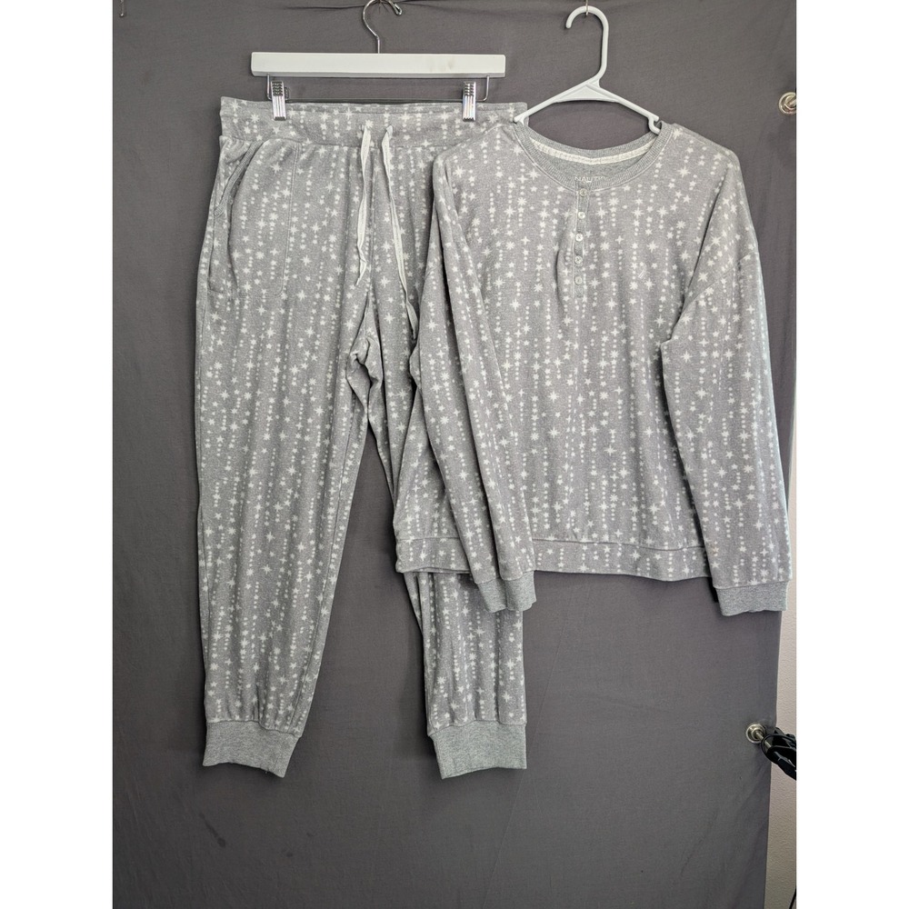 Nautica Womens Pajama Set Heather Gray Star Print Henley Top Jogger Pants L
